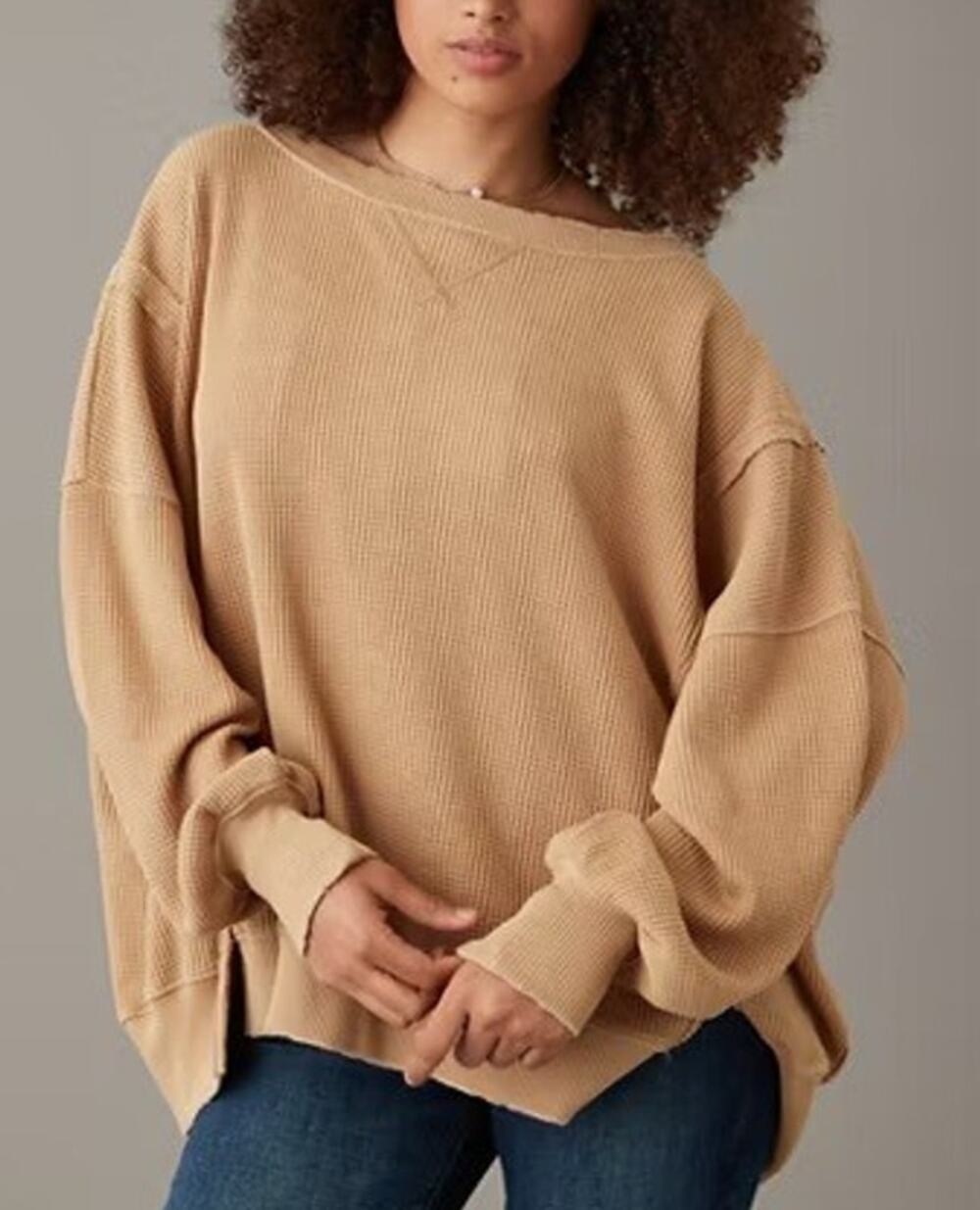 American Eagle Seriously Lived In Waffle Knit Crewneck Sweatshirt XL Tan Lounge